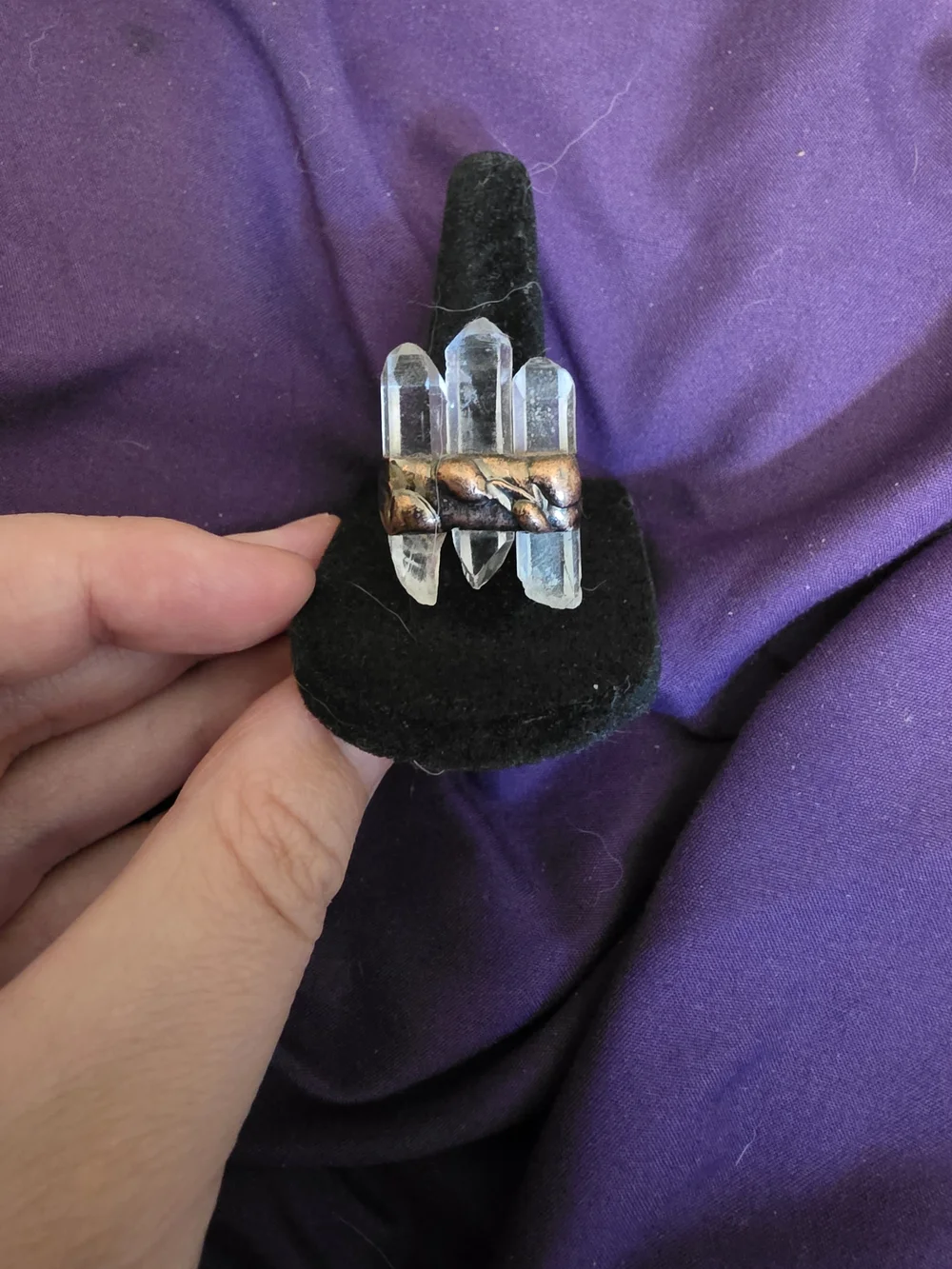Ajustable Clear Quartz Triple Point Ring with Copper Accent